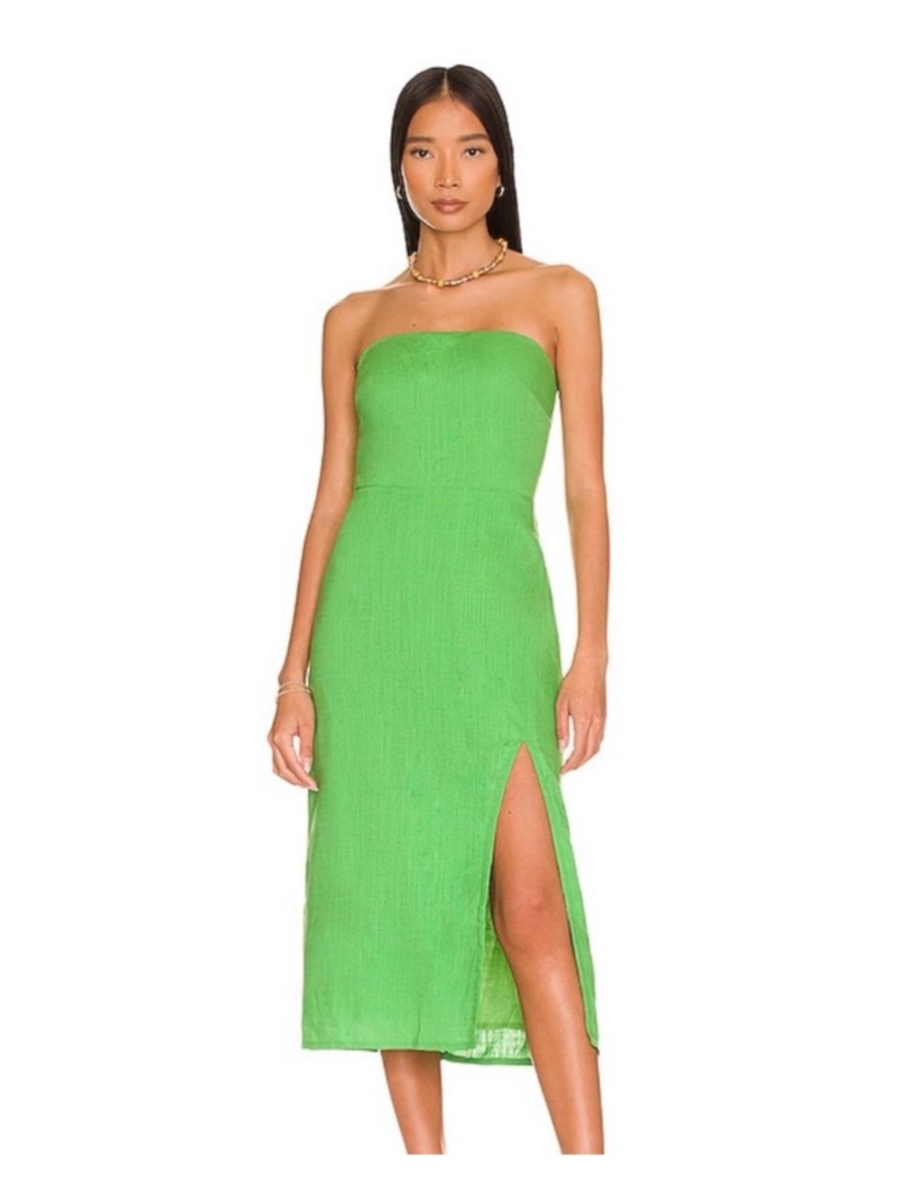 Leruzi Strapless Bright Green Midi Dress with Side Slit by SNDYS